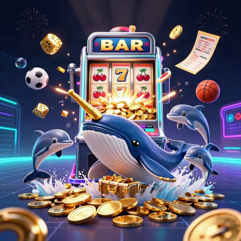 Whale captain, narwhal, dolphins, slot burst, coins, sports props, neon casino splash art