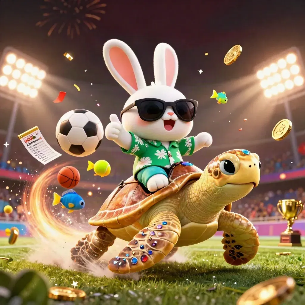 Lucky rabbit rides a golden turtle amid flying sports balls, coins, and casino lights.