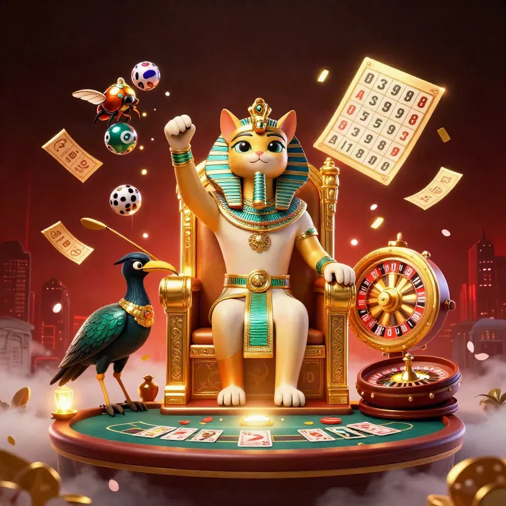 Pharaoh cat, ibis scribe, scarabs, and casino treasures explode in cinematic neon light.