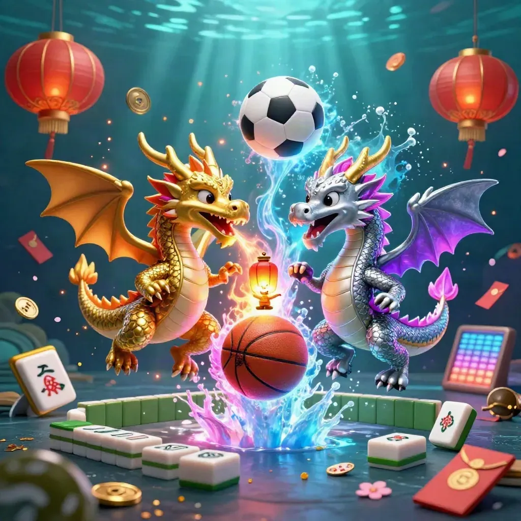 Twin gold and silver dragons circle a lantern spirit over a soccer ball and basketball amid casino luck.