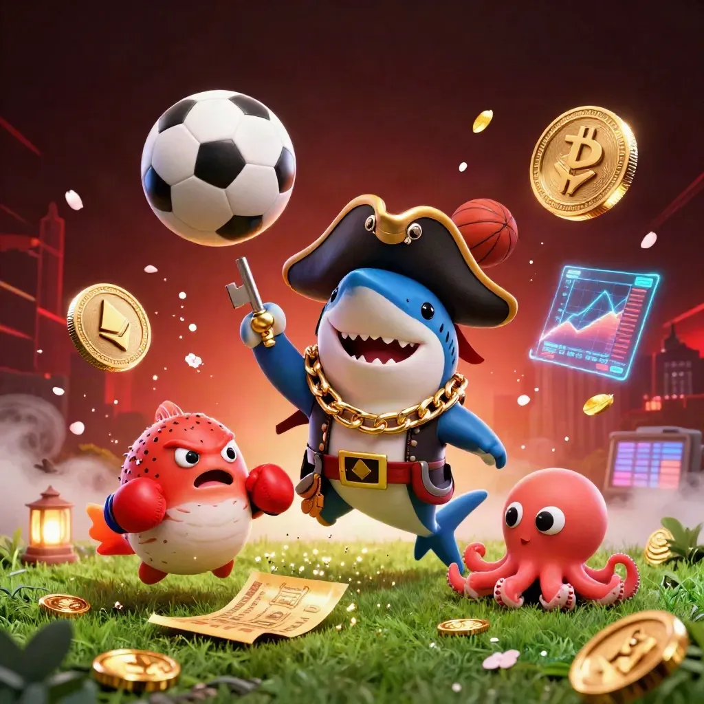 Pirate shark, boxing pufferfish, and coin-juggling octopus amid sports balls and casino effects.