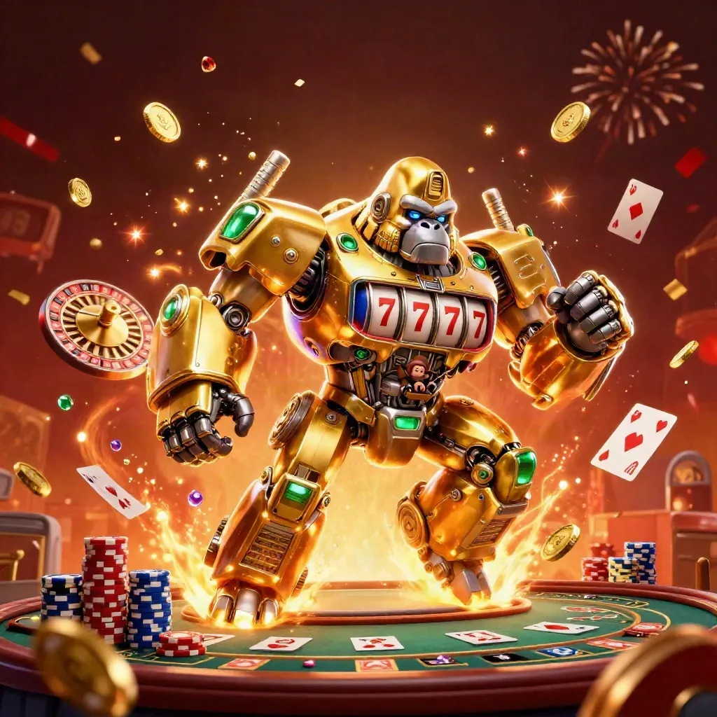 Golden gorilla mech with tiny monkey pilot amid coins, cards, roulette wheel, and emerald-gold casino glow.
