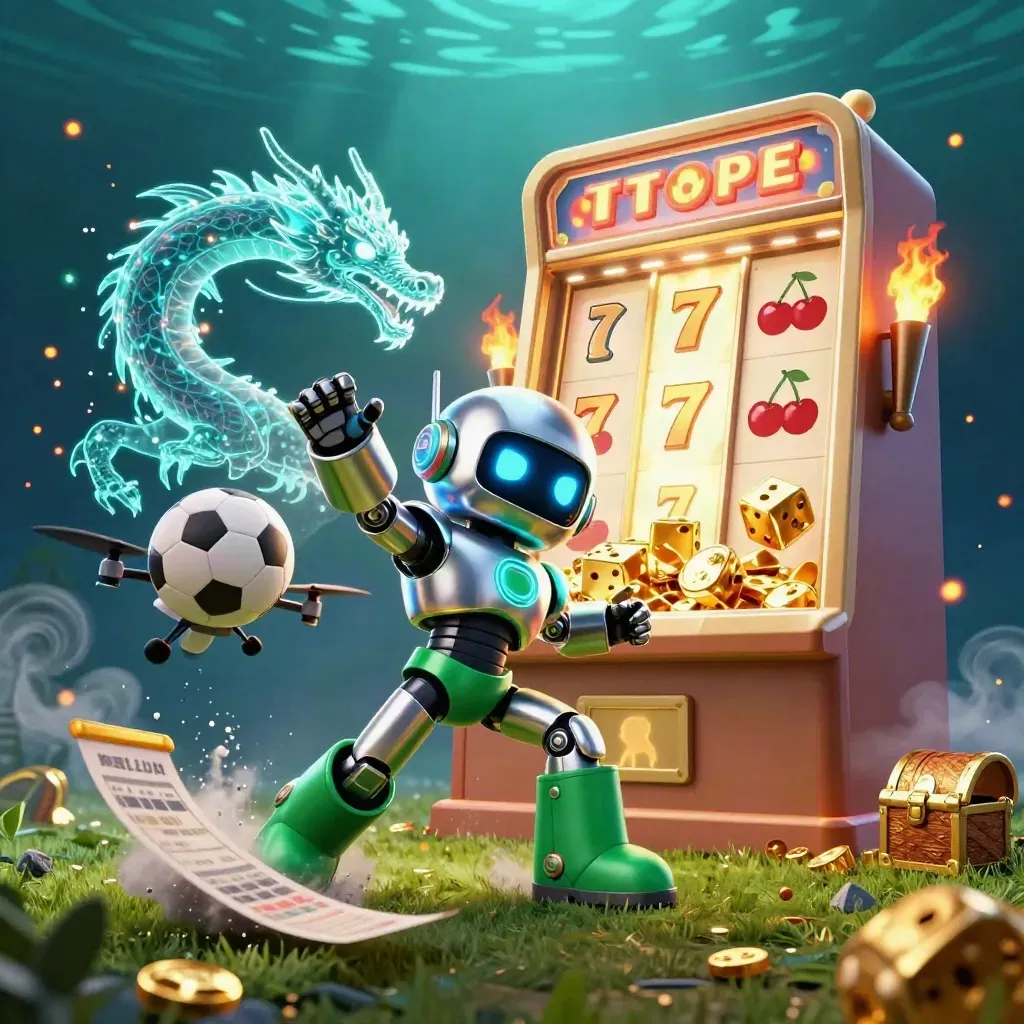 Chrome robot, holographic dragon and coin drone explode around slot symbols in luxe casino light