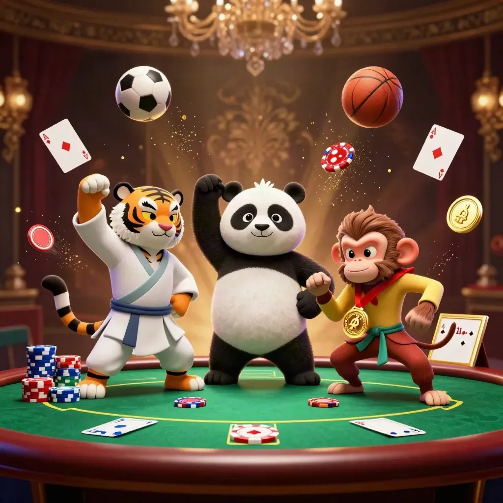 Tiger, panda and monkey casino heroes amid chips, cards and flying sports balls in luxe light.