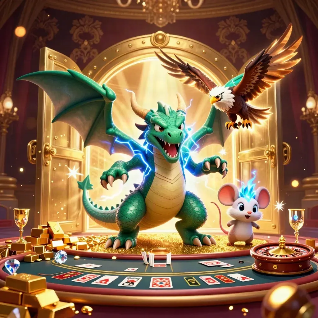 Thunder dragon, hawk, and mouse amid gold vault light, gems, and casino luxury