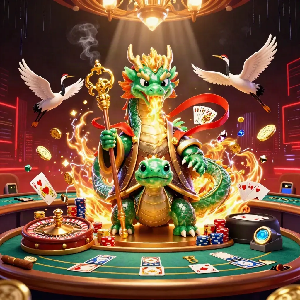 Emerald dragon, turtle sage, and cranes amid casino lights, coins, gems, and cards.