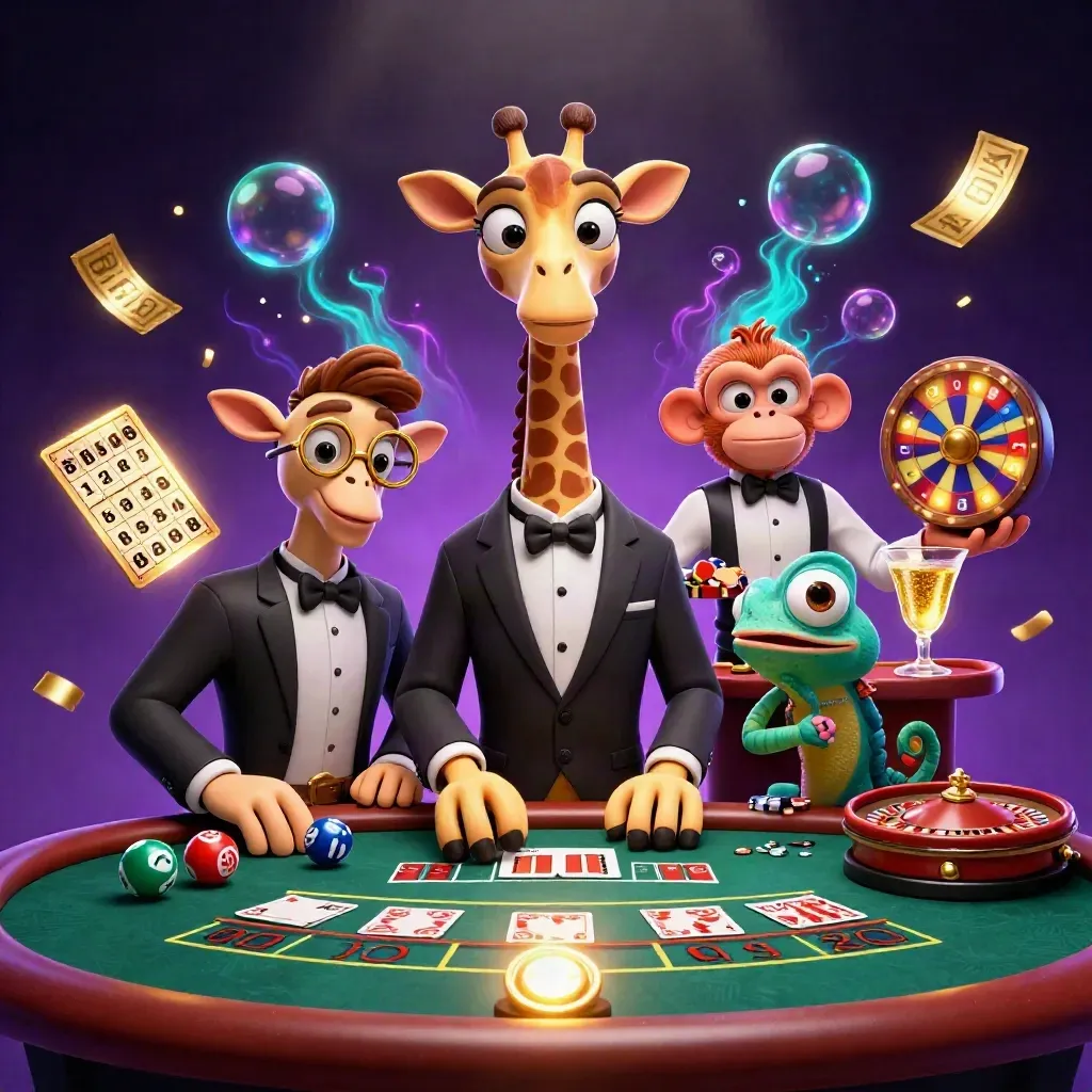 Giraffe, monkey, and chameleon at a glowing VIP casino table with spinning wheels and floating gold confetti.