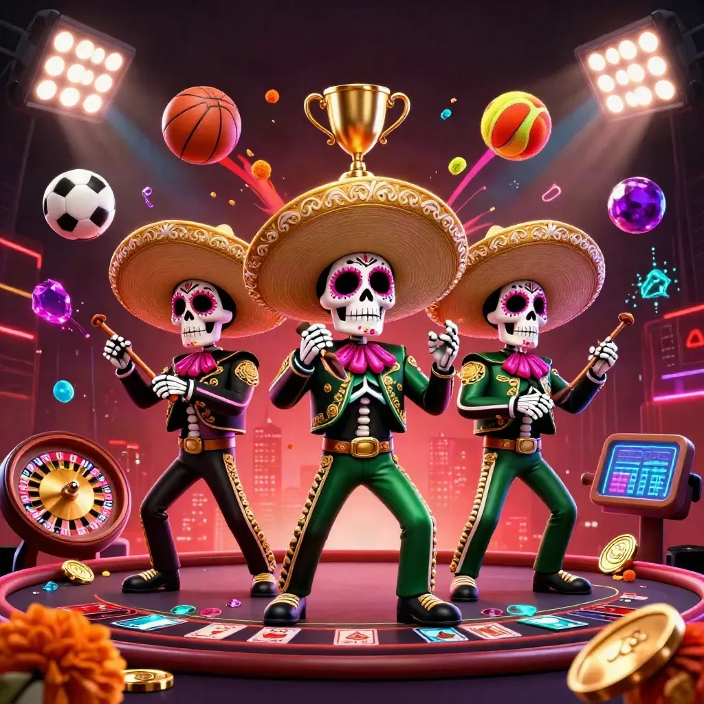 Skeleton mariachi trio in a luxe casino room with coins, gems, sports balls, trophy, neon energy.