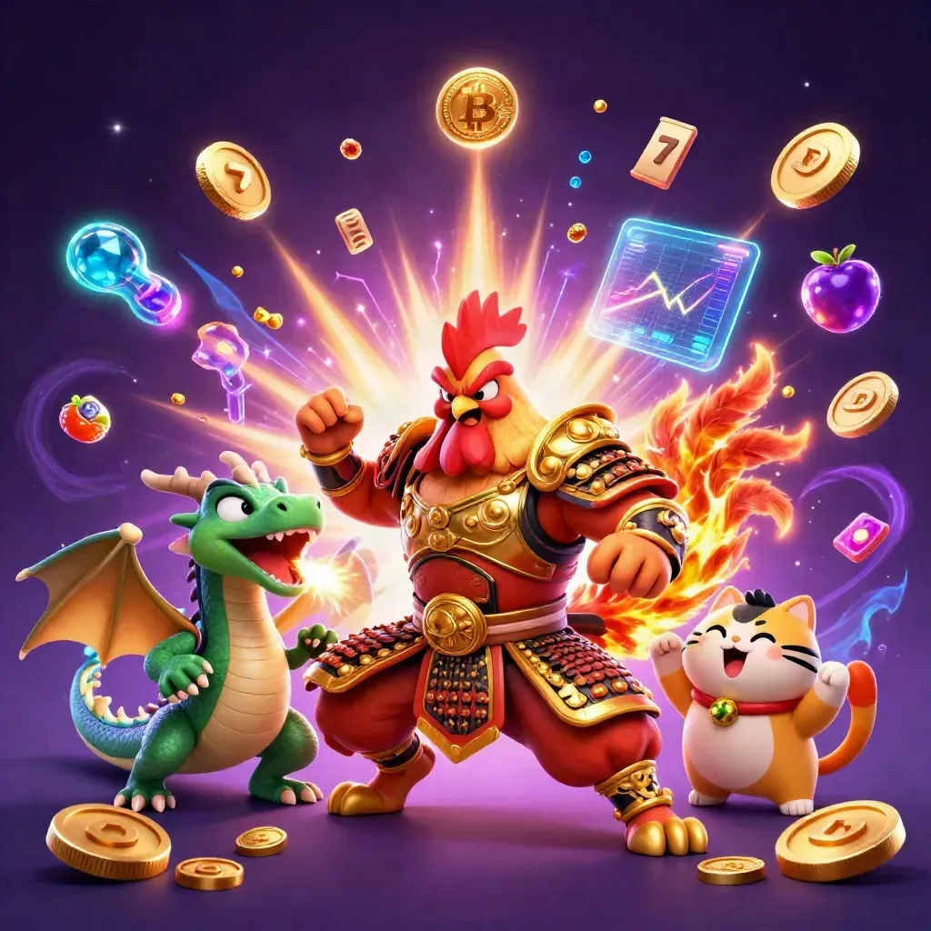Rooster warrior, dragon hatchling and fortune-cat amid casino loot, neon coins and magical energy.
