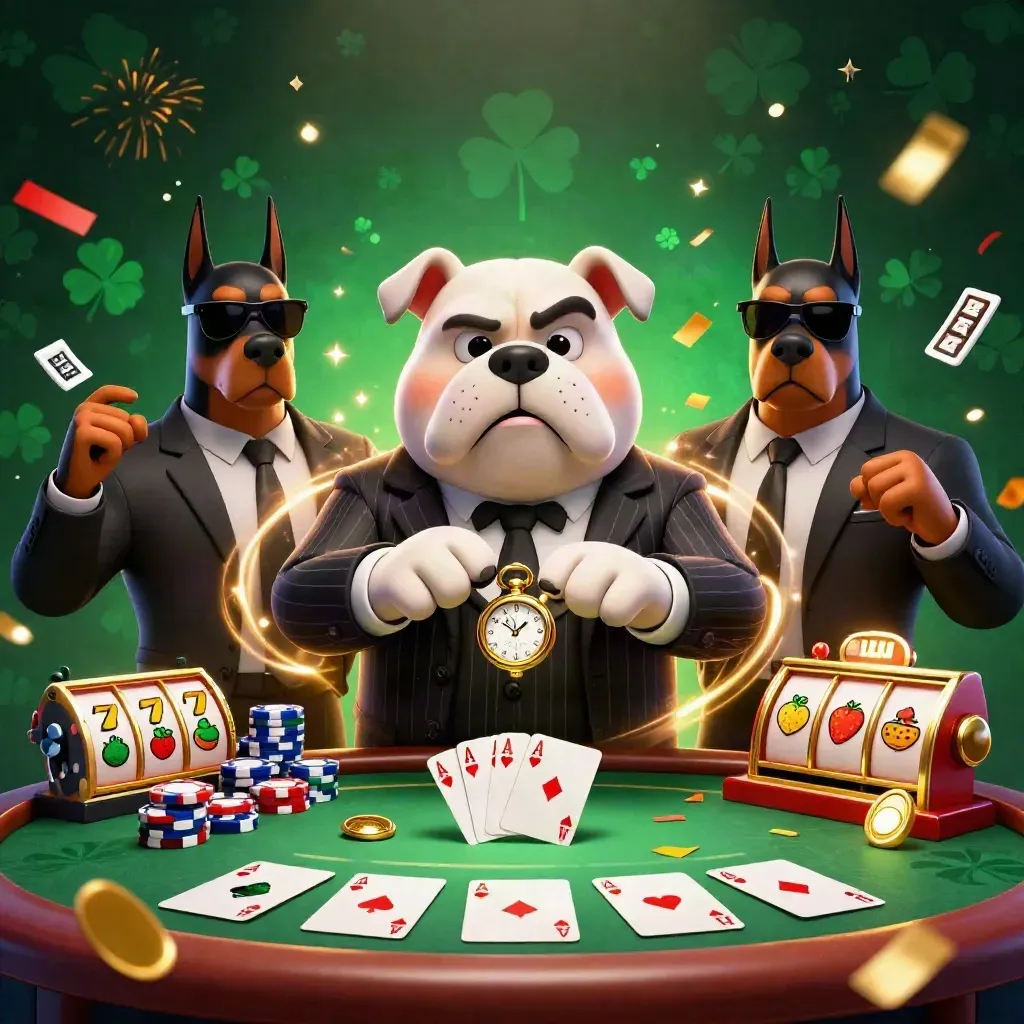 Bulldog mob boss and Dobermans amid casino chips, aces, neon emerald magic, and gold confetti.