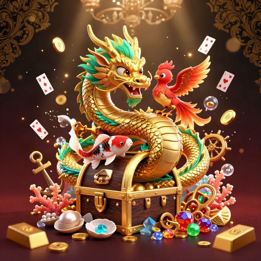 Golden dragon, phoenix and koi burst through an underwater treasure cove with coins, coral and gems.