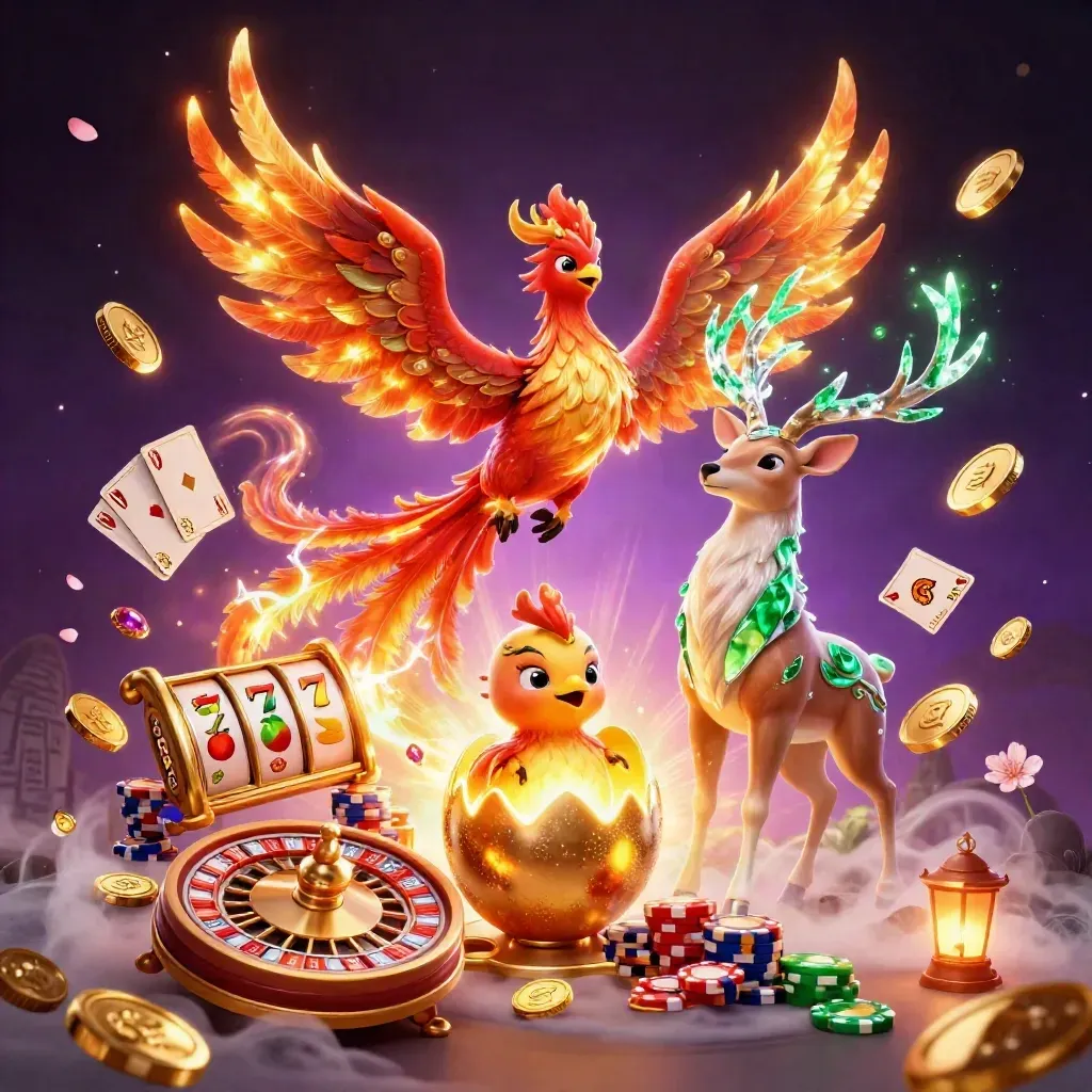 Phoenix, hatching chick, and crystal stag amid coins, cards, chips, runes, and glowing casino effects