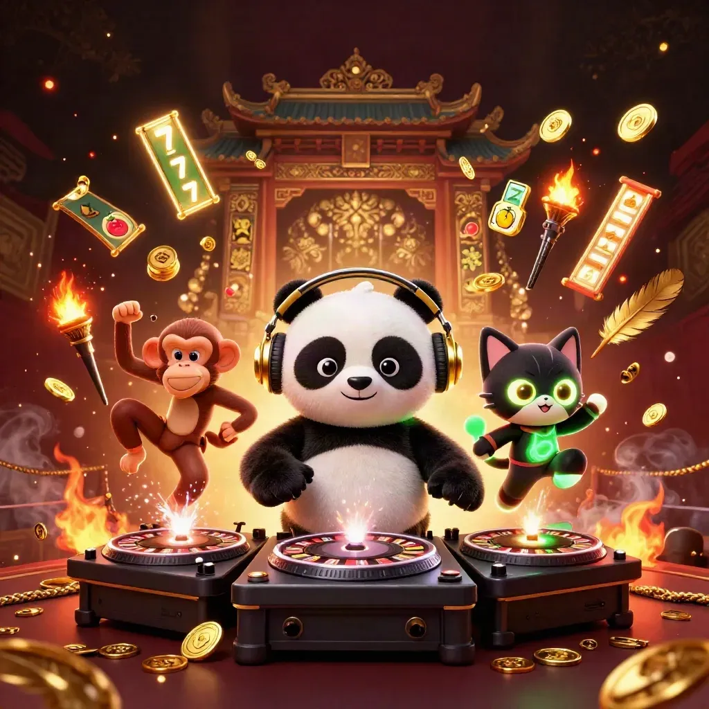 DJ panda, dancing monkey, glow-stick kitten amid temple-gold casino chaos and embers