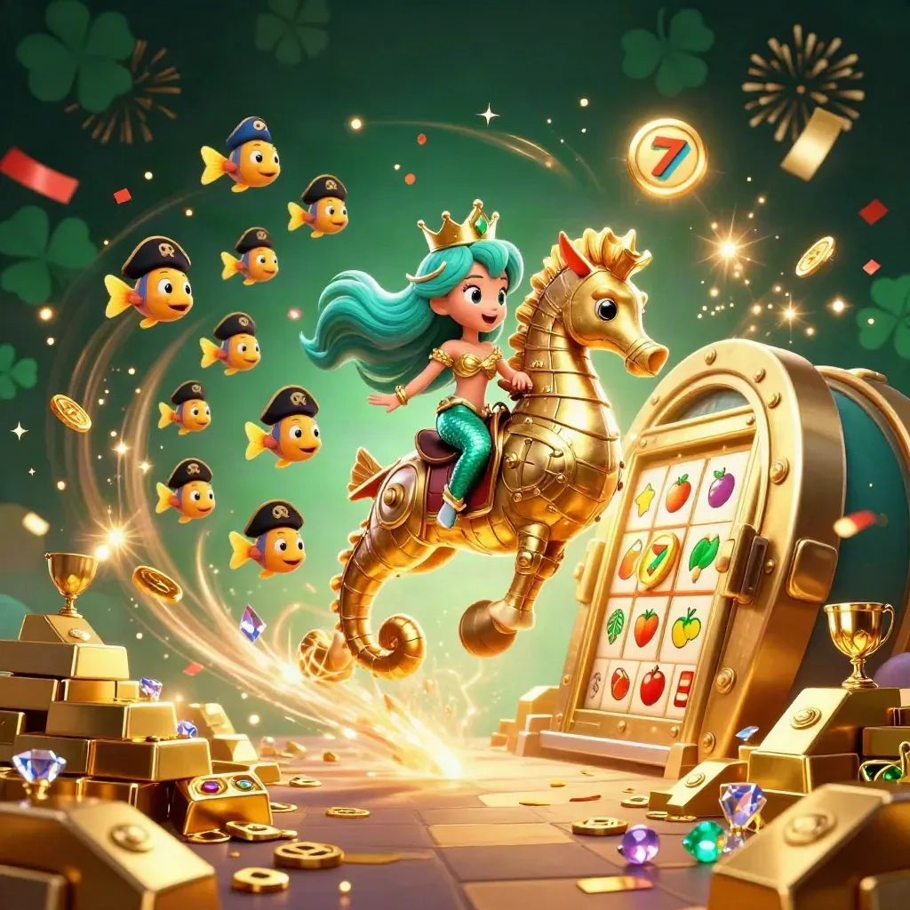 Mermaid princess on a golden seahorse amid treasure, gems, and emerald casino magic.