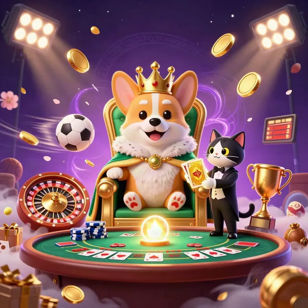 Crowned corgi and cat butler amid coins, sports balls, and casino lights
