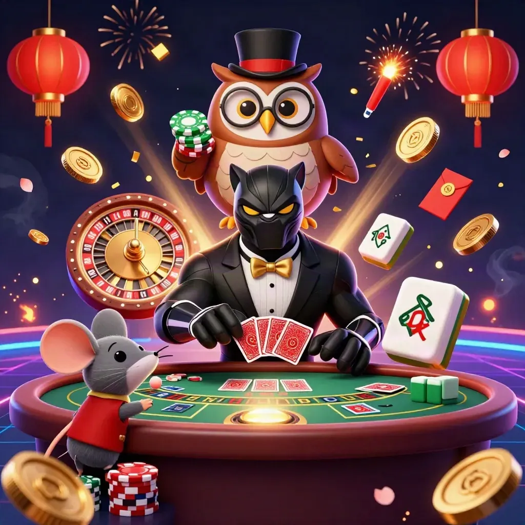 Panther, owl, and mouse amid coins, lanterns, fireworks, and spinning casino games.