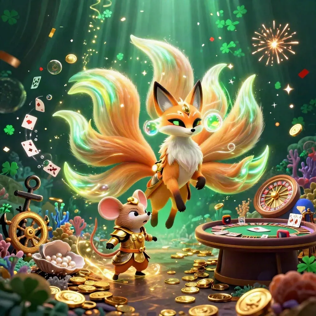 Fox spirit and samurai mouse amid coins, coral, roulette wheel, fireworks, and gold light.