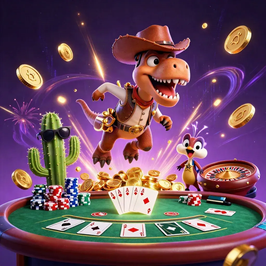 Cowboy T-Rex, cactus, and roadrunner amid coins, chips, fireworks, and casino tables