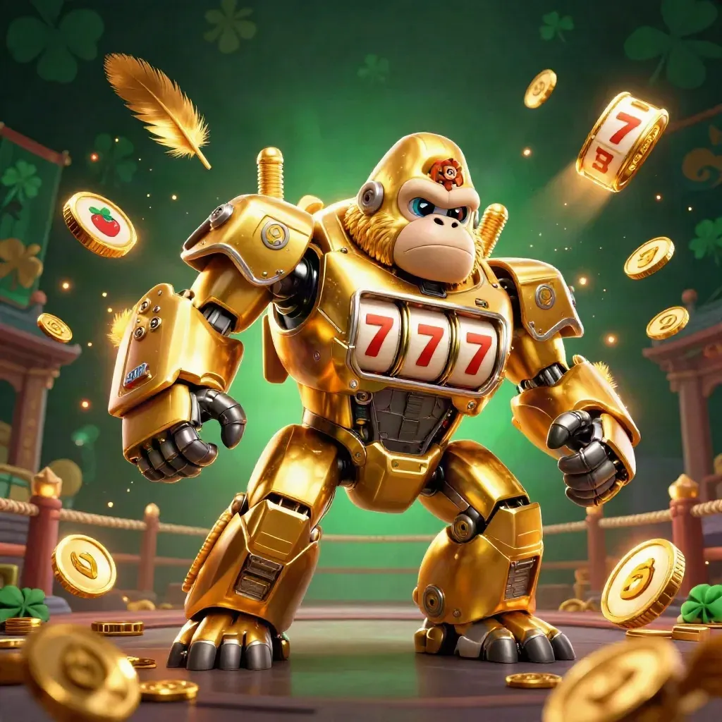Golden gorilla slot mech with monkey pilot amid coins, reels, temple gate, and god-rays.
