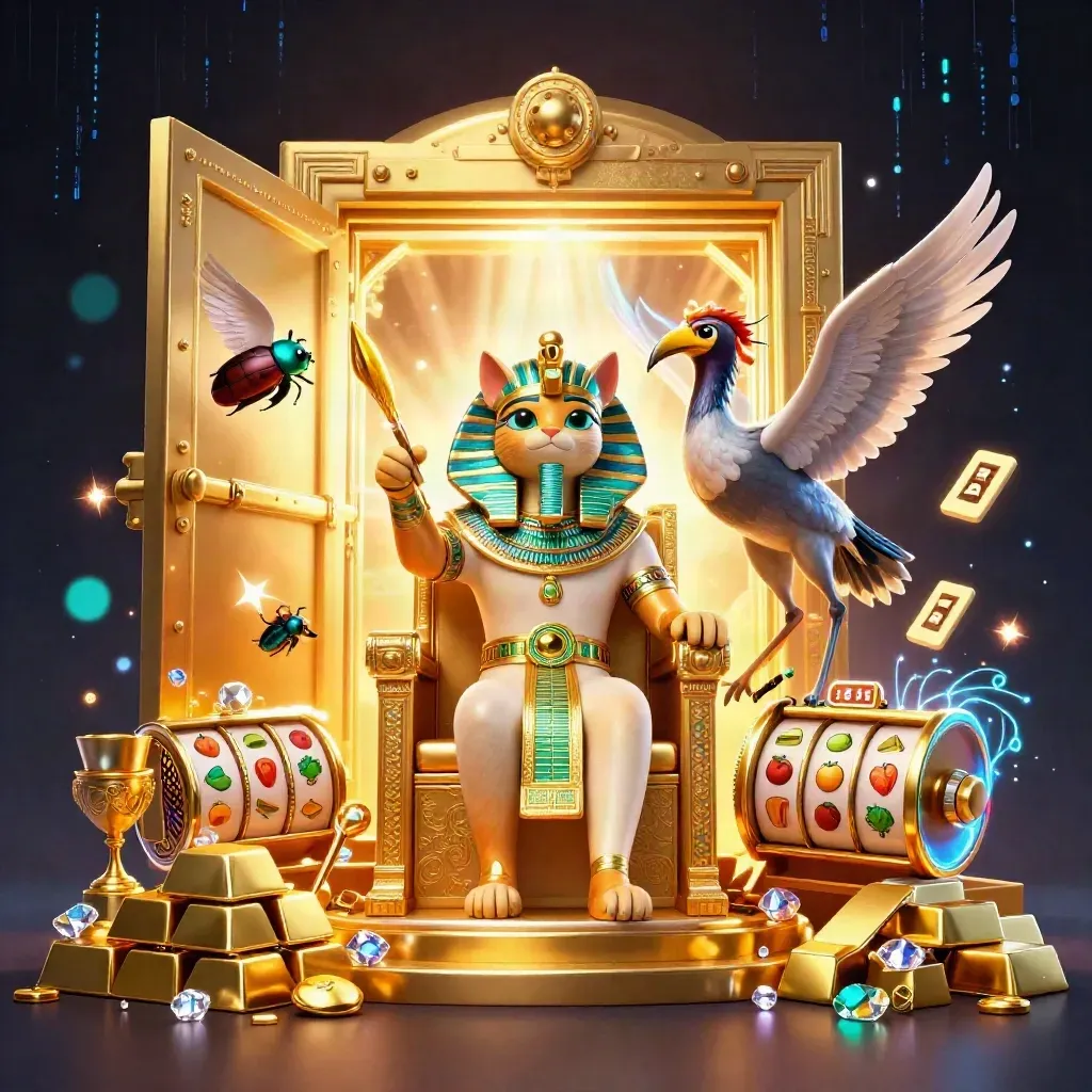 Pharaoh cat, ibis scribe, and gem-wing scarabs amid a glowing vault of gold and casino symbols.
