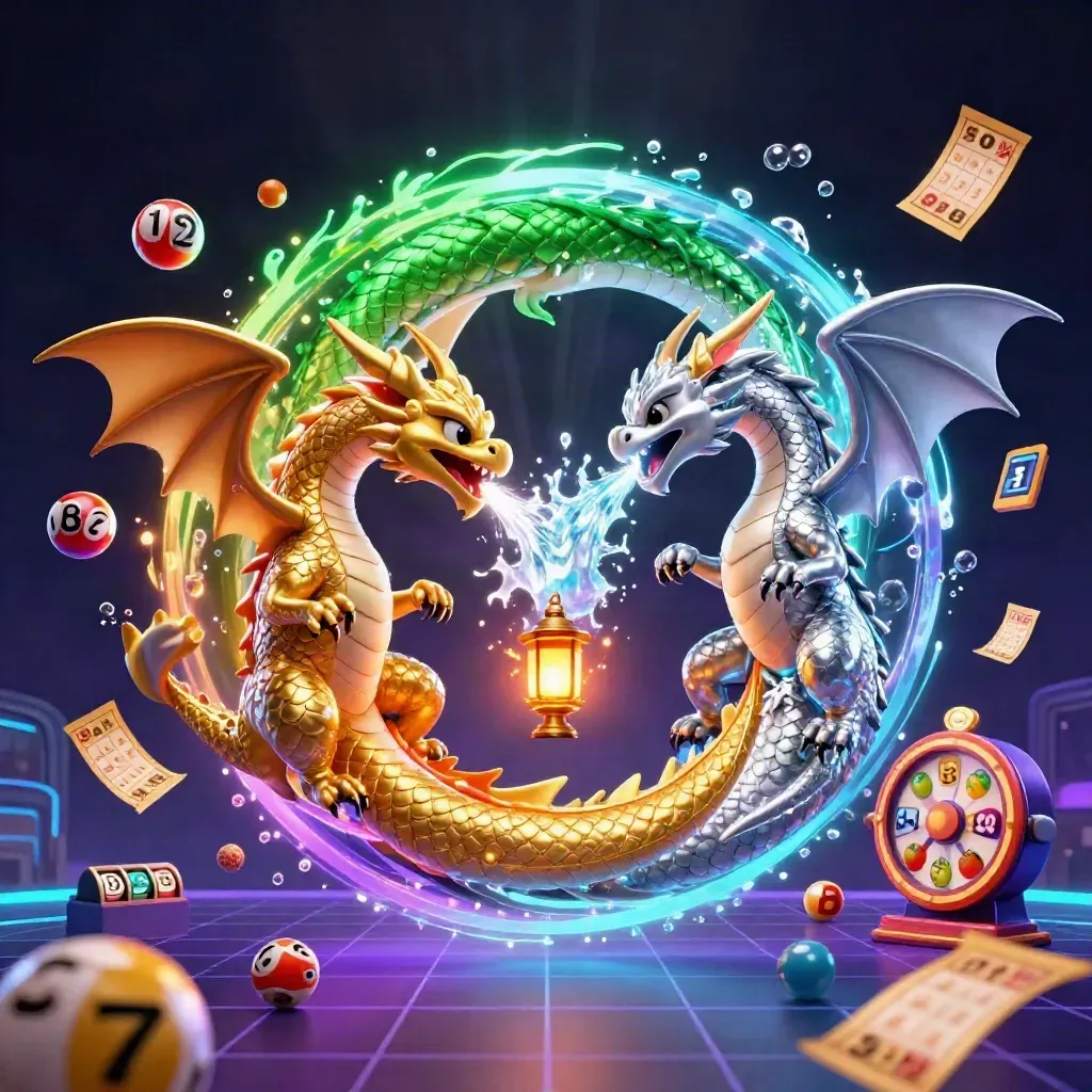Two intertwined gold and silver dragons form a yin-yang with casino icons and neon glow