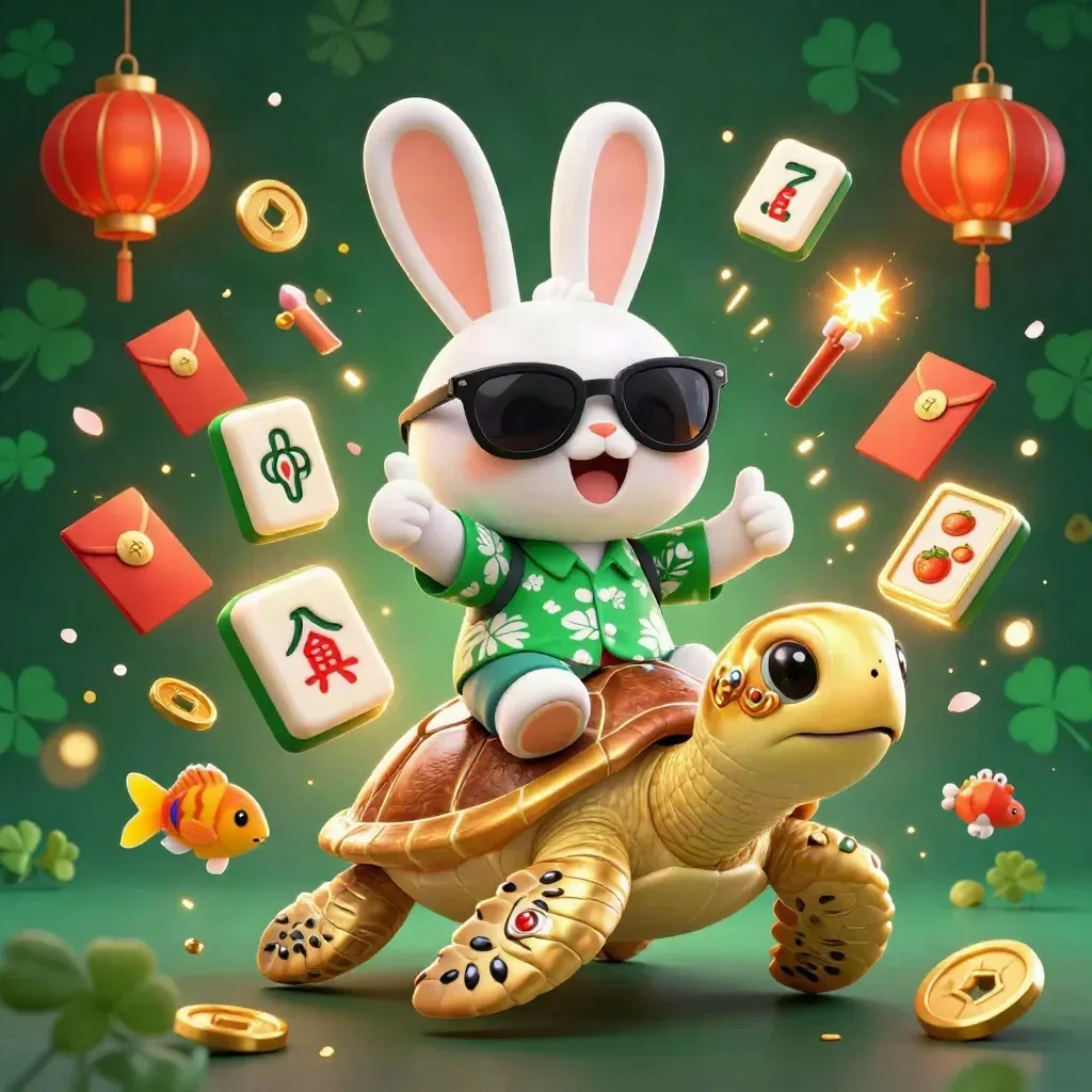 Lucky rabbit rides a golden sea turtle amid casino symbols and glowing gold effects.