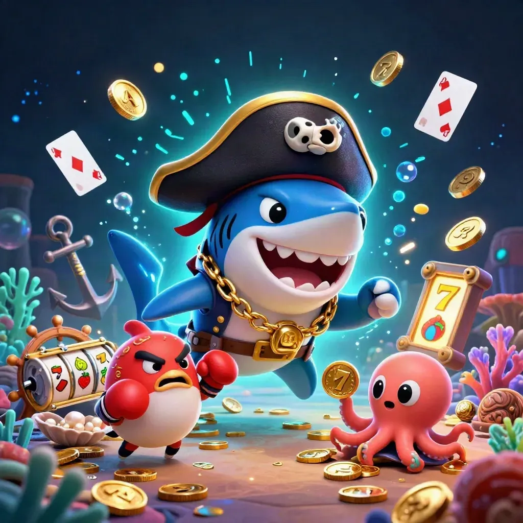 Pirate shark, boxing pufferfish, and coin-juggling octopus in a luxe neon treasure cove.
