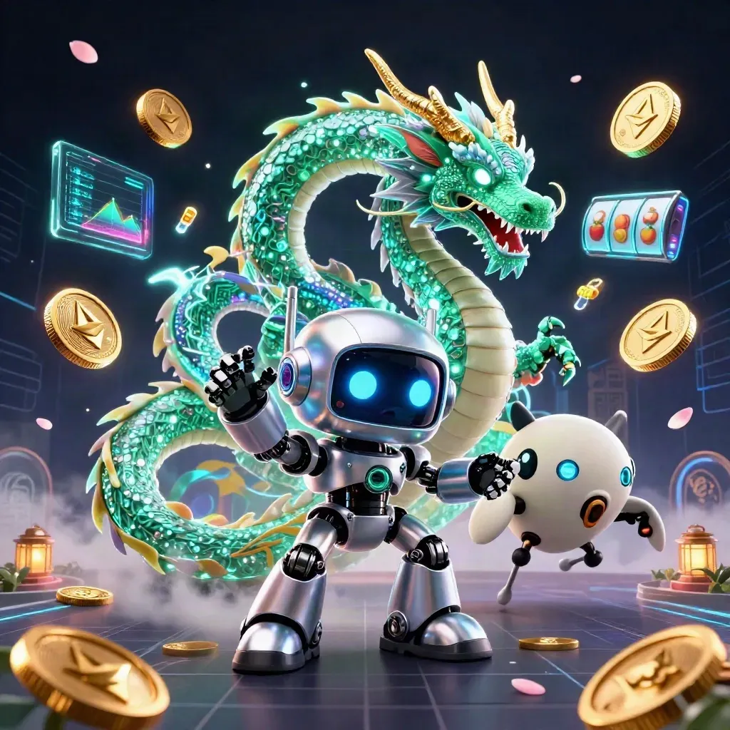 Cyberpunk robot, holographic dragon, and coin drone amid casino symbols and neon effects.