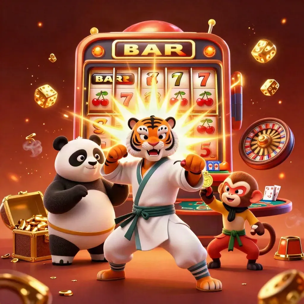 Kung-fu tiger, panda, and monkey amid slot machine jackpots, gold, roulette, cards, and embers.