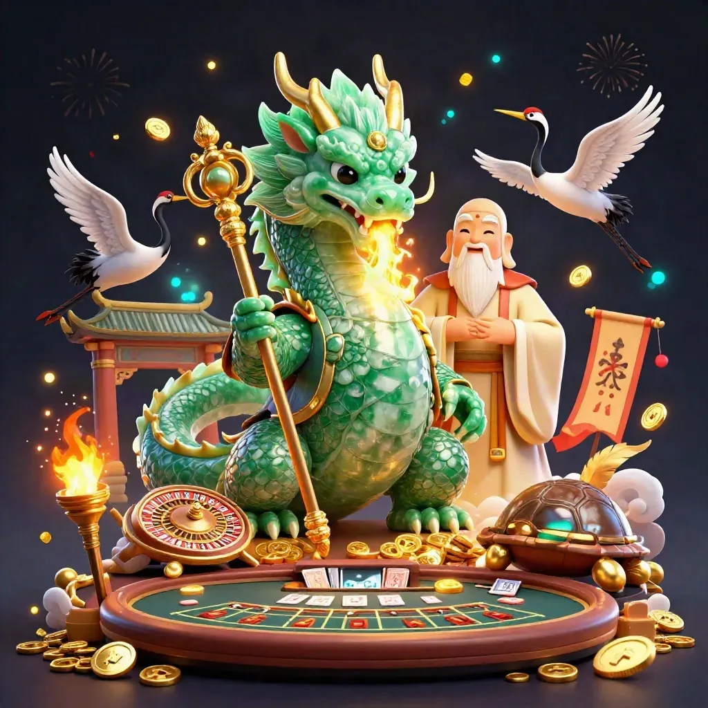 Jade dragon, turtle sage, and cranes amid gold sparks, roulette wheel, cards, and casino glow.